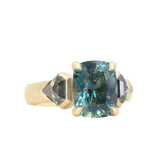 24 HOUR HOLD - 4.86ct Teal Elongated Cushion Sapphire and Salt and Pepper Diamond Three Stone Ring in 14k Yellow
