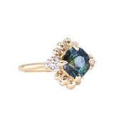 3.10ct Cushion Cut Untreated Umba Teal Green Sapphire Scalloped Diamond Cluster Ring in 14k Yellow Gold