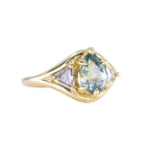 2.07ct Untreated Glowy Teal Madagascar Pear Sapphire and Trillion Grey Diamonds Low Profile Three Stone Ring in 18k Yellow Gold