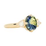 1.20ct Untreated Oval Parti Australian Fantasy Cut Sapphire and Natural Trillion Diamond Antique Milgrain Three Stone Low Profile Ring in 14k Yellow Gold