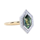 2.17ct Elongated Madagascar Teal Green Sapphire Bezel Set Diamond Halo Ring in Two-tone Platinum and Yellow Gold