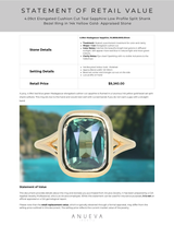 4.09ct Elongated Cushion Cut Teal Sapphire Low Profile Split Shank Bezel Ring in 14k Yellow Gold- Appraised Stone