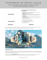 24 HOUR HOLD - 4.86ct Teal Elongated Cushion Sapphire and Salt and Pepper Diamond Three Stone Ring in 14k Yellow