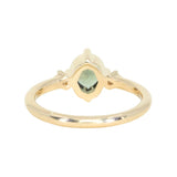 1.23ct Untreated Opalescent Nigerian Teal Speciality Fantasy Cut Sapphire and Kite Diamond Three Stone Compass Set Low Profile Ring in 14k Yellow Gold