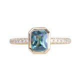 1.27ct Radiant Cut Madagascar Teal Sapphire Low Profile Bezel Solitaire Ring with French Set Diamonds in 14k Yellow Gold