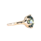 3.29ct Untreated Oval Parti Green Sapphire Low Profile 6 Prong Evergreen Carved Solitaire in 14k Yellow Gold