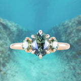 1.75ct Oval Parti Untreated Madagascar Sapphire and Green Oval Sapphire Three Stone Ring in 14k Yellow Gold