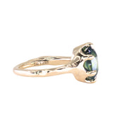 3.29ct Untreated Oval Parti Green Sapphire Low Profile 6 Prong Evergreen Carved Solitaire in 14k Yellow Gold