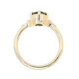 1.23ct Untreated Opalescent Nigerian Teal Speciality Fantasy Cut Sapphire and Kite Diamond Three Stone Compass Set Low Profile Ring in 14k Yellow Gold