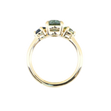 1.74ct Unheated Oval Montana Sapphire and Madagascar Sapphire Low Profile Three Stone Ring in 18k Yellow Gold