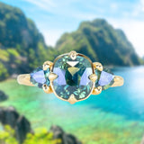 3.17ct Cushion Parti Teal Sapphire and Trillion Sapphire Antique Compass Set Low Profile Ring in 18k Yellow Gold