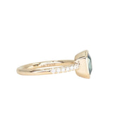 1.27ct Radiant Cut Madagascar Teal Sapphire Low Profile Bezel Solitaire Ring with French Set Diamonds in 14k Yellow Gold