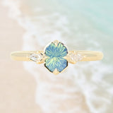 0.89ct Untreated Opalescent Seafoam Teal Speciality Fantasy Cut Sapphire and Kite Diamond Compass Set Three Stone Low Profile Ring in 14k Yellow Gold