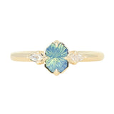 0.89ct Untreated Opalescent Seafoam Teal Speciality Fantasy Cut Sapphire and Kite Diamond Compass Set Three Stone Low Profile Ring in 14k Yellow Gold