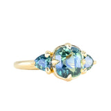3.17ct Cushion Parti Teal Sapphire and Trillion Sapphire Antique Compass Set Low Profile Ring in 18k Yellow Gold