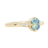 0.89ct Untreated Opalescent Seafoam Teal Speciality Fantasy Cut Sapphire and Kite Diamond Compass Set Three Stone Low Profile Ring in 14k Yellow Gold