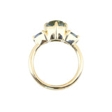 3.17ct Cushion Parti Teal Sapphire and Trillion Sapphire Antique Compass Set Low Profile Ring in 18k Yellow Gold