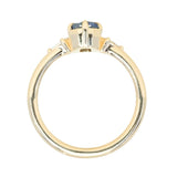 0.89ct Untreated Opalescent Seafoam Teal Speciality Fantasy Cut Sapphire and Kite Diamond Compass Set Three Stone Low Profile Ring in 14k Yellow Gold