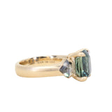 24 HOUR HOLD - 4.86ct Teal Elongated Cushion Sapphire and Salt and Pepper Diamond Three Stone Ring in 14k Yellow