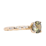 2.02ct Multicolor Earthy Madagascar Sapphire 4 Prong Evergreen Solitaire with Scattered Embedded Diamonds in 14k Yellow Gold