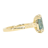 4.25ct Antique Style Elongated Cushion Untreated Montana Sapphire Vine Cathedral Four Prong Ring in 18k Yellow Gold