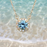 Dainty 14k Yellow Gold Montana Sapphire and Diamond Halo Necklaces