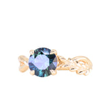 1.98ct Round Untreated Deep Parti Teal Sapphire Twisted Vine Split Shank Solitaire in 14k Yellow Gold with Diamonds