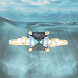 1.60ct Asscher Blue Green Madagascar Sapphire and Diamond Starry Night Low Profile Solitaire in 14k Yellow Gold