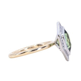 2.17ct Elongated Madagascar Teal Green Sapphire Bezel Set Diamond Halo Ring in Two-tone Platinum and Yellow Gold