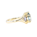 2.07ct Untreated Glowy Teal Madagascar Pear Sapphire and Trillion Grey Diamonds Low Profile Three Stone Ring in 18k Yellow Gold