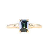 1.53ct Untreated Emerald Cut Parti Sapphire Low Profile Four Prong Spring Bloom Solitaire in 14k Yellow Gold