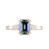 2.11ct Emerald Cut Teal Green Madagascar Sapphire and Diamond Vintage Cathedral Double Prong Ring in 14k Yellow Gold