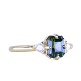 1.30ct Radiant Cut Australian Green Sapphire and Trillion Diamond Low Profile Ring in 18k Yellow Gold