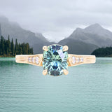 1.74ct Fancy Elongated Cushion Parti Teal Blue Montana Sapphire and Diamond Vintage Cathedral 4 Prong Solitaire in 14k Yellow