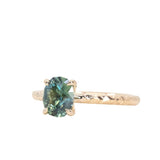 1.51ct Teal Oval Montana Sapphire Evergreen Carved 4 Prong Solitaire in 14k Yellow Gold
