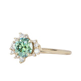 Teal Moissanite and Diamond Asymmetrical Cluster Ring in 14k Yellow Gold