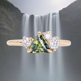 0.83ct Trillion Australian Parti Untreated Sapphire and Natural Diamond Mountainscape Ring in 14k Yellow Gold