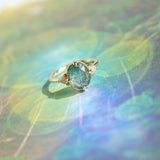 3.05ct Untreated Fantasy Cut Green Sapphire and Diamond Three Stone Antique Compass Style Low Profile Ring in 18k Yellow Gold