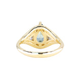 2.07ct Untreated Glowy Teal Madagascar Pear Sapphire and Trillion Grey Diamonds Low Profile Three Stone Ring in 18k Yellow Gold
