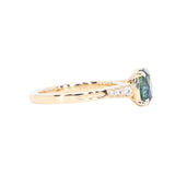 1.74ct Fancy Elongated Cushion Parti Teal Blue Montana Sapphire and Diamond Vintage Cathedral 4 Prong Solitaire in 14k Yellow