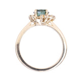 Teal Moissanite and Diamond Asymmetrical Cluster Ring in 14k Yellow Gold