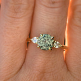 1.65ct Round Untreated Precision Cut Montana Sapphire and Natural Pear Diamond Three Stone Low Profile Ring in 18k Yellow Gold