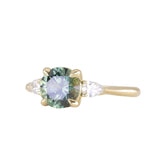 1.65ct Round Untreated Precision Cut Montana Sapphire and Natural Pear Diamond Three Stone Low Profile Ring in 18k Yellow Gold
