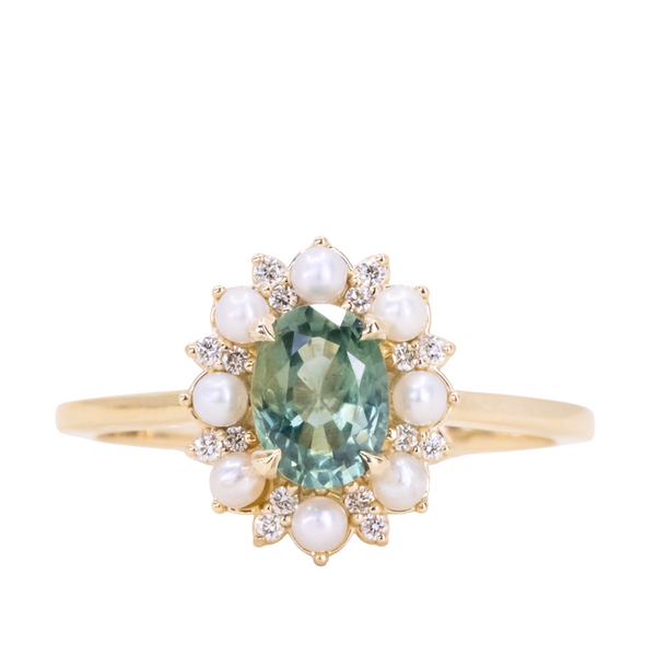 0.97ct Oval Teal Montana Sapphire Low Profile Diamond and Pearl Halo Ring in 14k Yellow Gold