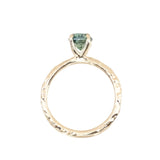 0.83ct Untreated Teal Montana Sapphire Evergreen Carved 4 Prong Solitaire in 14k Yellow Gold