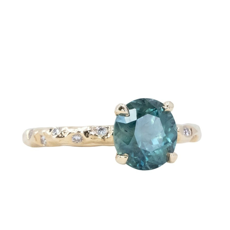2.35ct Silky Roval Montana Sapphire 4 Prong Evergreen Solitaire with Scattered Embedded Diamonds in 14k Yellow Gold