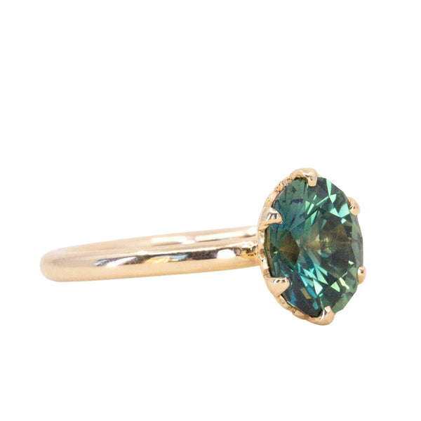 2.08ct Oval Teal Blue Green Sapphire Scallop Cup Solitaire in 14k Yellow Gold