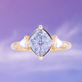 1.93ct Untreated Fantasy Cut Montana Sapphire and Diamond Antique Milgrain Three Stone Low Profile Ring in 14k Yellow Gold