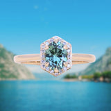 1.11ct Oval Untreated Montana Sapphire Hexagon Diamond Halo Stackable Ring in 14k Yellow Gold