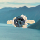 3.05ct Round Deep Blue Green Madagascar Sapphire and Diamond Evergreen Asymmetrical Cluster Ring in 8k Yellow Gold